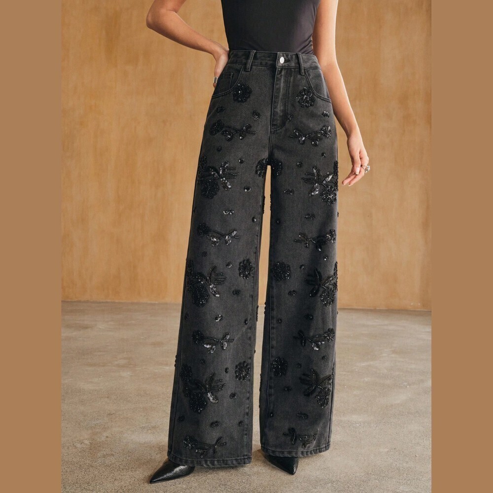 Black Sequin Floral Embellished Wide Leg Denim Jeans